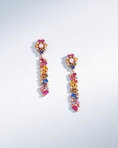 Suzanne Kalan La Fantaisie Sunbeam Rainbow Sapphire Drop Earrings in 18k rose gold Luxury Multicolor Earrings For Evening, Elegant Multicolor Diamond Earrings, Elegant Multicolor Earrings With Sparkling Stones, Luxury Multicolor Baguette Diamond Jewelry, Fine Jewelry With Multicolor Baguette Diamonds, Sapphire Drop Earrings, Rainbow Sapphires, Golden Lights, The Glow