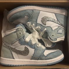 Gorgeous Denim And White Custom Sneakers Made Fir My Daughter But Never Worn And She Can Not Fit. Quince Photoshoot Ideas, Customized Sneakers, Nike Shoes Jordan, New Castle, Shoes Jordan, Custom Sneakers, Kids Nike, Newcastle, My Daughter