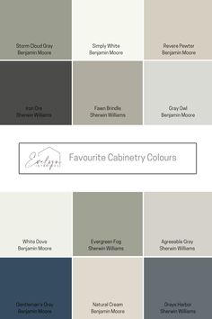 several shades of gray and white with the words favorite cabinetry colours