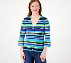 We all know (and love!) Isaac for his famously floral sweaters, but, boy, did he stripe up the band with this button-down cardi! Give your basic tops and tees an instant glow-up when paired with this sweetly striped layer. From Isaac Mizrahi Live!TM. Spring Striped Button-up Cardigan, Striped Buttoned Cardigan For Spring, Spring Striped Cardigan For Layering, Striped Cardigan For Spring Layering, Spring Striped Sweater With Button Closure, Spring Multicolor Sweater With Button Closure, Floral Sweaters, Large Cardigan, Button Down Cardigan