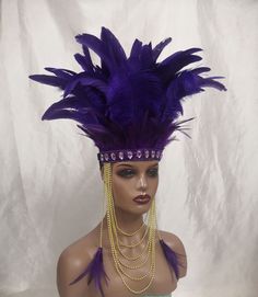 Mardi Gras Costume Hat With Feathers, Feathered Costume Hats And Headpieces For Mardi Gras, Purple Feathered Costume Hats For Party, Feathered Hats And Headpieces For Mardi Gras Costume Party, Purple Feathered Costume Hats And Headpieces For Party, Adjustable Headpieces For Costume Party Festival, Adjustable Headpieces For Costume Party And Festival, Adjustable Flapper Headpiece With Feathers, Adjustable Headpiece For Carnival Festival