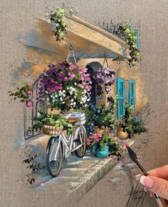 a painting of a bicycle with flowers on it