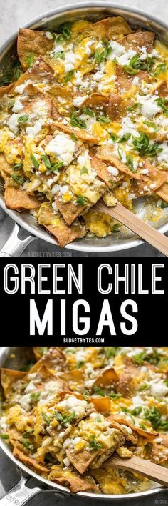 green chile and cheese nachos in a pan with wooden spoons on the side