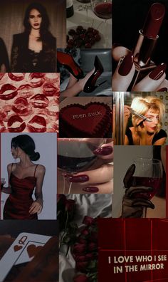 a collage of photos with red and black colors, including roses, lipstick, hearts, cards, scissors, wine glasses