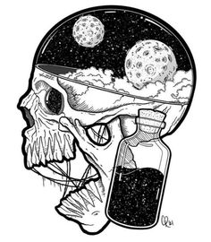 a drawing of a skull with a bottle in it's head and the moon behind it