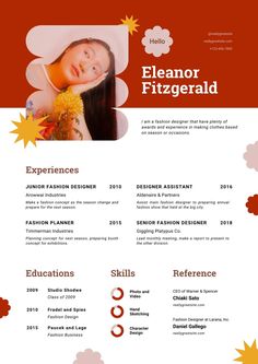 a red and white resume with an image of a woman's face on it