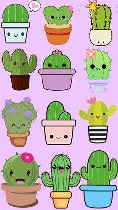 a bunch of potted plants with faces drawn on them, all in different shapes and sizes