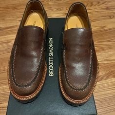 A Bit Too Big For Me They Fit Like A Size 9 But Nearly Brand New. Mocha Brown Men’s Loafers From Beckett Simonon. Handmade From Colombia Brown Slip-on Loafers With Vibram Sole, Brown Business Loafers With Vibram Sole, Brown Moc Toe Loafers With Vibram Sole, Formal Slip-on Moccasins With Vibram Sole, Casual Goodyear Welted Slip-on Dress Shoes, Casual Slip-on Dress Shoes With Goodyear Welt, Mocha Brown, Shoes Men, Slip Ons