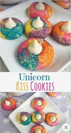 unicorn kiss cookies with white frosting on top and rainbow sprinkles in the middle