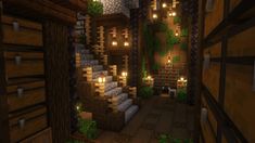 the interior of a minecraft house with lots of lights