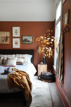 a bed sitting in a bedroom next to a window with pictures on the wall above it