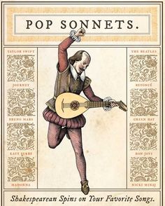 an illustration of a man holding a guitar in his right hand and the words pop sonnets above him