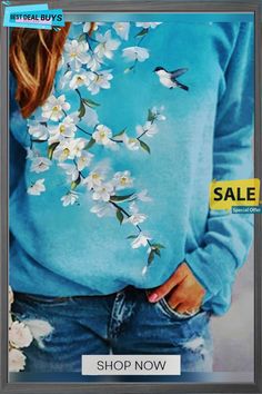 Blue Floral Bird Printed Long Sleeve Casual Shift Sweatshirt Top Blue Graphic Print Sweater For Spring, Blue Graphic Print Spring Sweater, Spring Blue Graphic Print Sweater, Light Blue Long Sleeve T-shirt For Spring, Spring Long Sleeve T-shirt, Light Blue Long Sleeve Relaxed Fit Sweatshirt, Relaxed Fit Light Blue Long Sleeve Sweatshirt, Light Blue Crew Neck Sweater For Spring, Light Blue Graphic Print Sweatshirt For Fall