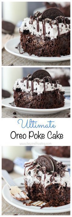 two pictures of a chocolate cake with oreo poke cake on top and an oreo poke cake on the bottom