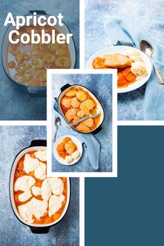 three different pictures of food with the words apricot cobbler