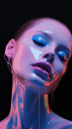 a woman with blue and pink paint on her face is shown in this artistic photo