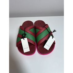 100% Authentic Gucci Agrado Slide Sandals. Slip On These Flat Sandals New With Tags, Box, And Two Duatbags. Size Eu 38 Us 8 Designer Slides With Branded Insole For Beach, Designer Beach Slides With Branded Insole, Gucci Green Flat Sandals, Green Flat Gucci Sandals, Gucci Designer Leather Slides, Designer Multicolor Beach Sandals, Gucci Sandals With Branded Heel Counter For Beach, Gucci Sandals For The Beach, Gucci Green Summer Sandals