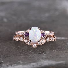 Art Deco Opal Bridla Set Rose Gold Oval | BBBGEM White Amethyst Wedding Ring In Fine Jewelry Style, Fine Jewelry White Amethyst Wedding Ring, Wedding Amethyst Diamond Ring With Diamond Accents, White Amethyst Wedding Ring Fine Jewelry, Wedding Amethyst Diamond Ring With Accents, Purple Rings With Diamond Accents For Wedding, Elegant White Amethyst Wedding Ring, Elegant White Amethyst Ring Gift, White Amethyst Ring For Anniversary