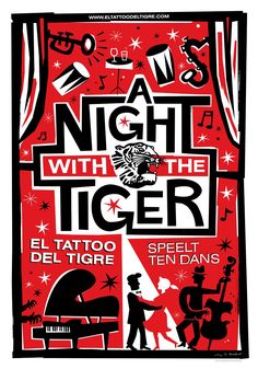 a concert poster with the words night with the tiger and an image of a man playing piano