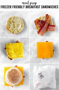 four different breakfast sandwiches with bacon, cheese and eggs on them are featured in this poster