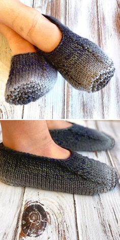 two pictures of someone's feet wearing knitted slippers