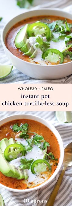 two bowls of chicken tortilla soup with avocado and sour cream on top