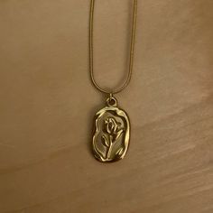 Rose Necklace Gold-Plated Stainless Steel 16”-18” Length, 1” Drop Pendant Laser Engraved Necklace, Rose Necklace Aesthetic, Rose Gold Jewelry Aesthetic, Thrifted Jewelry, Lamp Necklace, Trendy Gold Necklace, Gold Rose Necklace, Katie Rose, Gold Vintage Jewelry