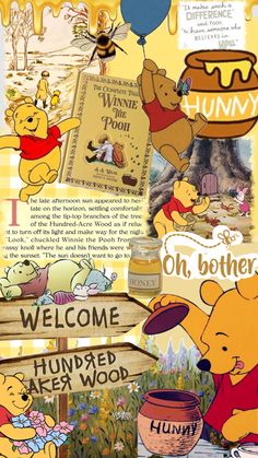 winnie the pooh and friends collage with honey pot, beehive, honey pot