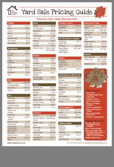 the yard sale pricing guide is shown in red and brown, with an orange flower on it