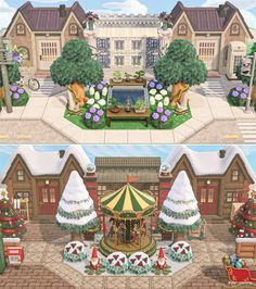 an animated christmas scene is shown in two separate screens, one with a carousel and the other with decorations