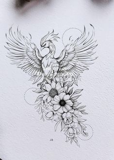 a drawing of a bird with flowers on it