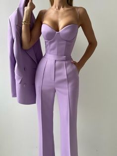 Plain Fashion, Elegant Outfit Classy, Purple Suits, Stylish Work Attire, Fashion Bottoms, Business Pants, Diy Clothes Life Hacks, Pantsuits For Women, Flared Trousers