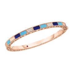 18K Rose Gold Mosaic Alternating Blue Lapis, Diamond and Turquoise Bangle Elegant Turquoise Multi-stone Bracelets, Elegant Blue Multi-stone Bracelets, Elegant Blue Multi-stone Bracelet, Blue Multi-stone Bangle Jewelry, Blue Multi-stone Bangle, Luxury Blue Bracelets With Gemstone Accents, Luxury Turquoise Multi-stone Jewelry, Roberto Coin Jewelry, Turquoise Bangle