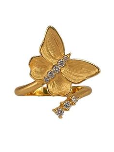 14k yellow gold matte butterfly ring with diamonds 4.20 grams of 14k yellow gold. 0.16 total carat weight of diamonds. Size 7 Diamond Butterfly Ring, Diamond Butterfly, Sparkling Diamond, Butterfly Ring, Sparkle Diamonds, Matte Gold, Diamonds, Size 7, Yellow Gold