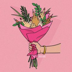 a hand holding a bunch of flowers on a pink background