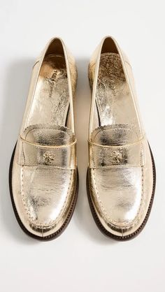 Tory Burch Classic Loafers | Shopbop Gold Loafers With Leather Sole And Calf Leather, Gold Calf Leather Loafers With Leather Sole, Luxury Gold Loafers In Calf Leather, Luxury Gold Calf Leather Loafers, Gold Luxury Loafers For Office, Luxury Gold Loafers For Office, Gold Luxury Office Loafers, Classic Gold Loafers For Work, Gold Loafers With Leather Sole For Business