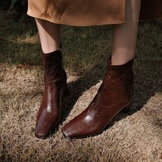 Squared Toe Leather Slimming Boots Sock Boots in Black/Brown Beautiful Days, Sock Boots, Leather Short, Brown Shorts, Boot Socks, Boots Fall, Shopping App, Leather Shorts, Rubber Heels