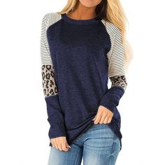 Women Crew Neck Long Sleeve Horizontal Stripes Leopard Print Top a perfect option for your casual occasion. Pair it with jeans or casual pants will give it a very flattering look. Size: S.  Color: Blue.  Gender: female.  Age Group: adult. Tunic Shirts, Prom Dinner, Loose Tunic, Cocktail Formal, Autumn T Shirts, Streetwear Tops, Leopard Print Top, Crew Neck Shirt, Print Sweatshirt