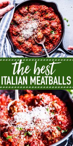 the best italian meatballs with parmesan cheese on top in a skillet