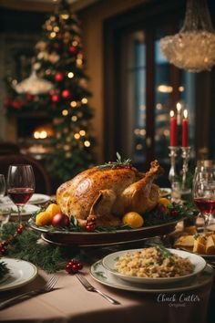 a turkey on a platter surrounded by christmas decorations and wine glasses with candles in the background