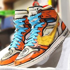 Custom Painted Dragonball Z Theme,. Blue And Yellow Laces, Comes With Hangtag And Box.. Authentic Pair,. Youtube Viral Video Shoe.. Customized Jordans, Sneaker Head Men, Off White Jordan 1, Nike Kicks, Cool Shoes, Cyberpunk Clothes, Preppy Shoes, White Jordans, Cool Sports Cars