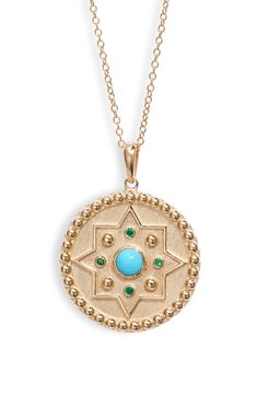 Signature dew drops join a turquoise cabochon and dainty emeralds on this handcrafted 14-karat-gold disc-pendant necklace that looks like an elegant artifact. Style Name:Anzie Dew Drop Mayan Turquoise & Emerald Disc Pendant Necklace. Style Number: 6053511. Available in stores. May Birthstone Jewelry With Round Coin Pendant, May Birthstone Spiritual Jewelry With Coin Pendant, Gold Emerald Jewelry With Cabochon, Turquoise Round Pendant Fine Jewelry, Green Coin Pendant Medallion Jewelry, Bohemian Gold Jewelry With Emeralds, Yellow Gold Emerald Cabochon Jewelry, Heirloom Turquoise Round Jewelry, Fine Jewelry Large Medallion Pendant