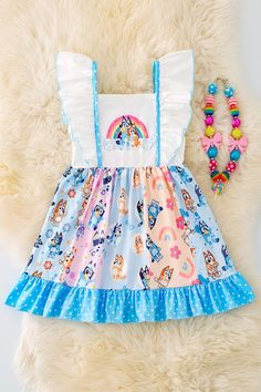 One dress  Top Ruffles  Colorful Pattern **Boutique clothing runs HALF-SIZES  XS-18/24m S-2/3T M-3/4T L-4/5 XL-5/6 2X-6/7 3X-7/8 Cute Multicolor Dress With Ruffle Hem, Light Blue Ruffled Dress For Playdate, Blue Ruffled Dress For Playdate, Cute Light Blue Dress With Ruffle Hem, Cute Blue Ruffled Dresses, Cute Blue Dresses With Ruffles, Playful Blue Dress For Playtime, Playful Blue Dresses For Playtime, Cute Multicolor Ruffled Dress