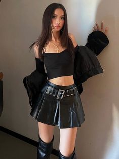 Size(cm) Waist Hips Length S 66 86 30 M 70 90 30 L 74 94 31 Unit of measurement: cm. Due to different measurement methods, it is normal to have an error range of 1-3cm, please understand. Sisters who have their own style of dressing must try this little leather skirt~ Zun's ruthless eyes are so bright, so handsome and so special~~~ The design of the wide belt is retro and fashionable The black leather skirt is classic and durable, and it is not easy to go out of style Appearance is the visual fo Outfit With Stockings, Belt Y2k, Leather Skirt Outfit, Miniskirt Outfits, Leather Mini Skirt, Black Leather Skirts, Basic Outfits, Leather Mini Skirts, Edgy Outfits