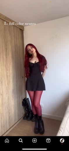 Platform Boots Dress Outfit, Goth Outfit Halloween, Gothic Thanksgiving Outfit, Casual Red And Black Outfits, Oversized Sweater And Tights Outfit, Edgy Outfit Aesthetics, Alternative Clubbing Outfits, College Goth Outfit, Vintage Edgy Outfits