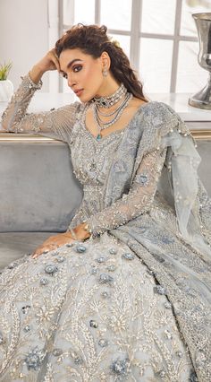 Grey Gown Indian Wedding, Silver Lehenga Bridal, Grey Lehenga Color Combos, Grey Bridal Lehenga, Silver Bridal Dress, Fairytail Wedding, Sharara Dress, Grey Lehenga, One Piece Gown