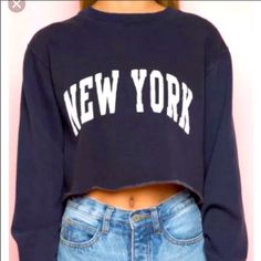 Nwot Never Worn Brandy Melville John Galt Cropped Sweatshirt. One Size. Navy Blue New York Cropped Sweatshirt. Price Not Firm So Feel Free To Make Me An Offer! Ships Same Day! Trendy Navy Top With Letter Print, Trendy Navy Crew Neck Top, Casual Blue Tops For Winter, Navy Letter Print Tops For Fall, Navy Long Sleeve Top With Letter Print, Navy Crew Neck Sweatshirt For Spring, Navy Tops For College In Fall, Fishnet And Jeans, Black Cami Crop Top