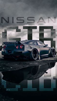 the nissan gt - r is shown in front of a dark background with clouds and water