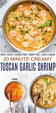 two pictures showing how to make creamy tuscann garlic shrimp in a skillet