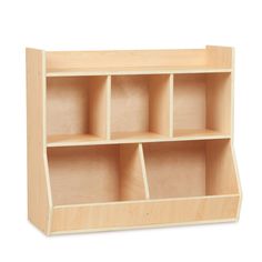 a wooden shelf with six compartments on each side